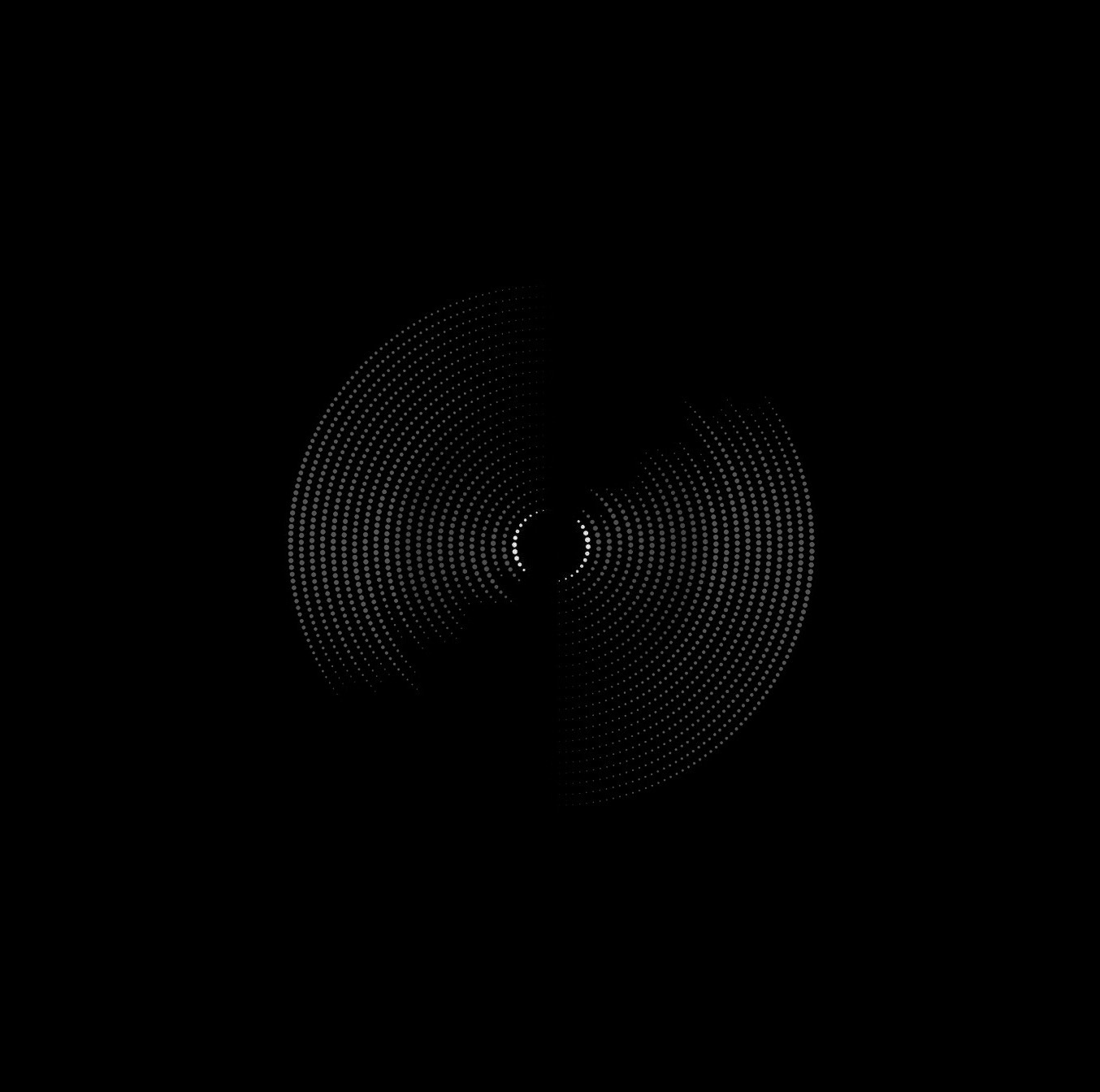 Abstract black background with two dotted circular arcs forming a split, radar-like pattern around a small central circle on the bottom center.