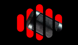 Abstract logo: red vertical bars partially framing a diagonal textured black cylinder on a black background.