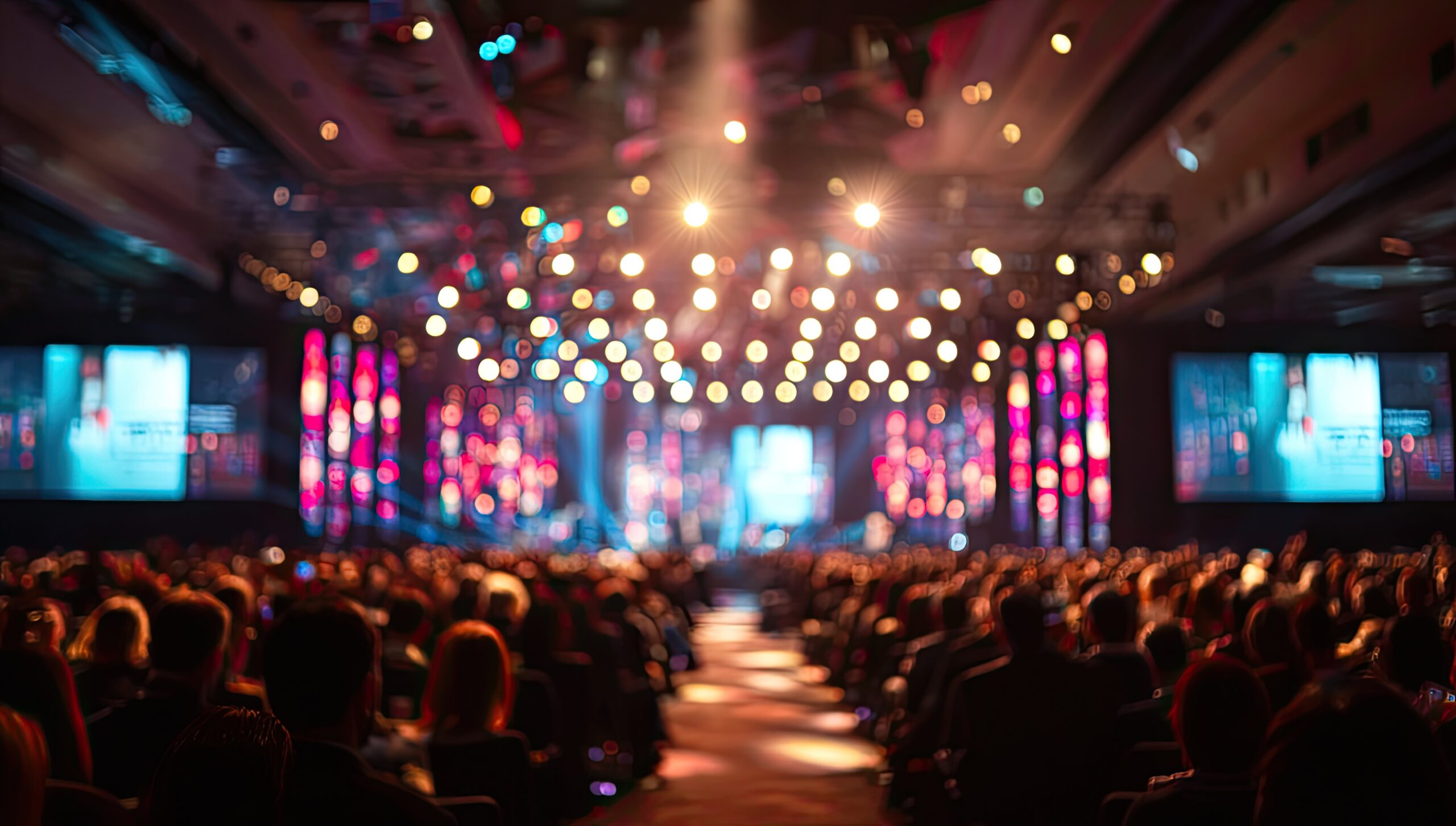 Blurred concert crowd facing a brightly lit stage with warm bokeh lights and colorful screens in the background creating a vibrant evening performance scene