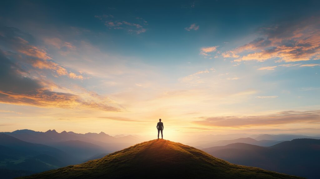 a person standing on a hilltop with a vast, colorful landscape below, symbolizing the limitless possibilities of an abundance mindset.