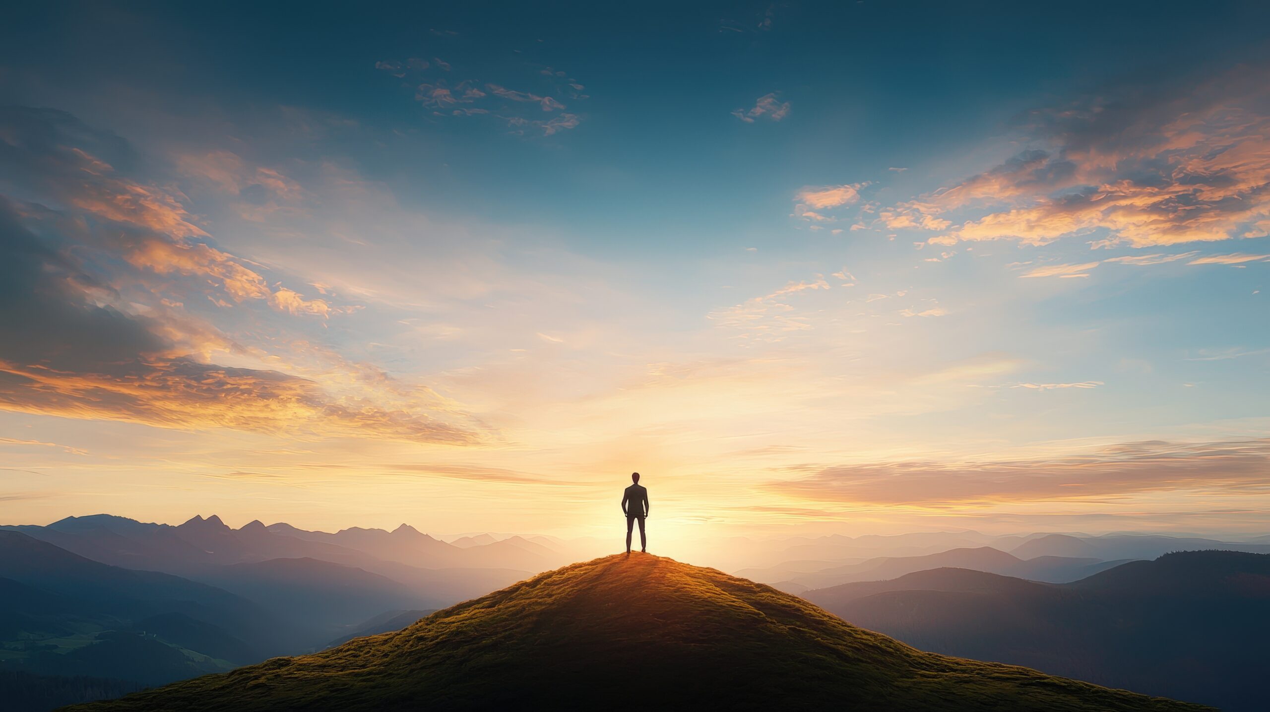 a person standing on a hilltop with a vast, colorful landscape below, symbolizing the limitless possibilities of an abundance mindset.