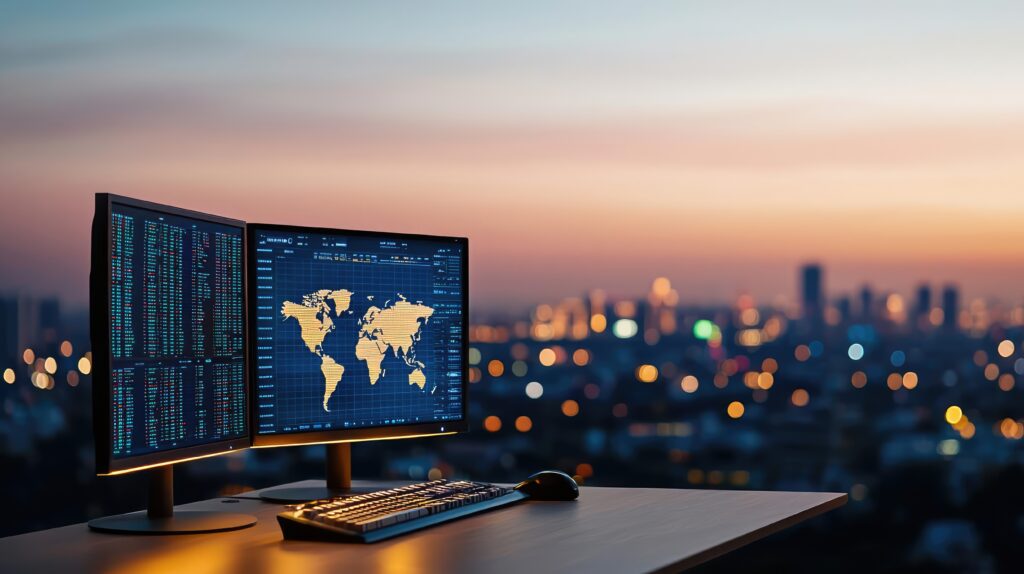 modern workspace with dual monitors displaying data against a sunset skyline.