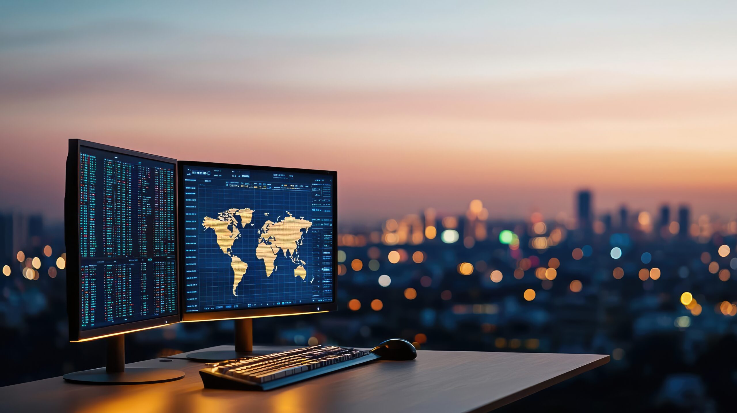 modern workspace with dual monitors displaying data against a sunset skyline.
