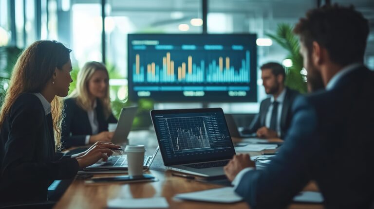 business team gathered around a table in a boardroom, discussing strategies for the upcoming quarter, using laptops and charts to analyze data and make decisions