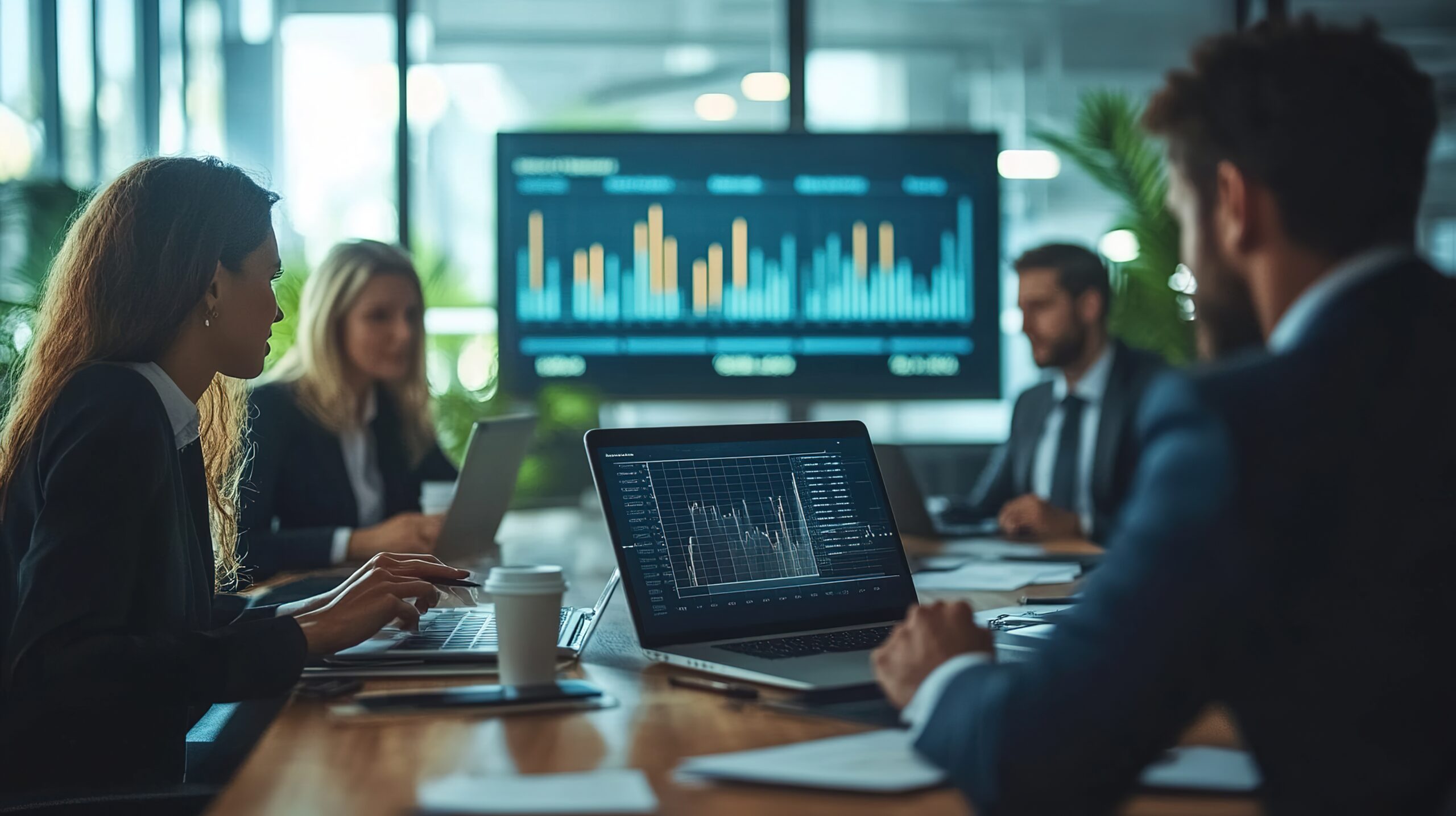 business team gathered around a table in a boardroom, discussing strategies for the upcoming quarter, using laptops and charts to analyze data and make decisions