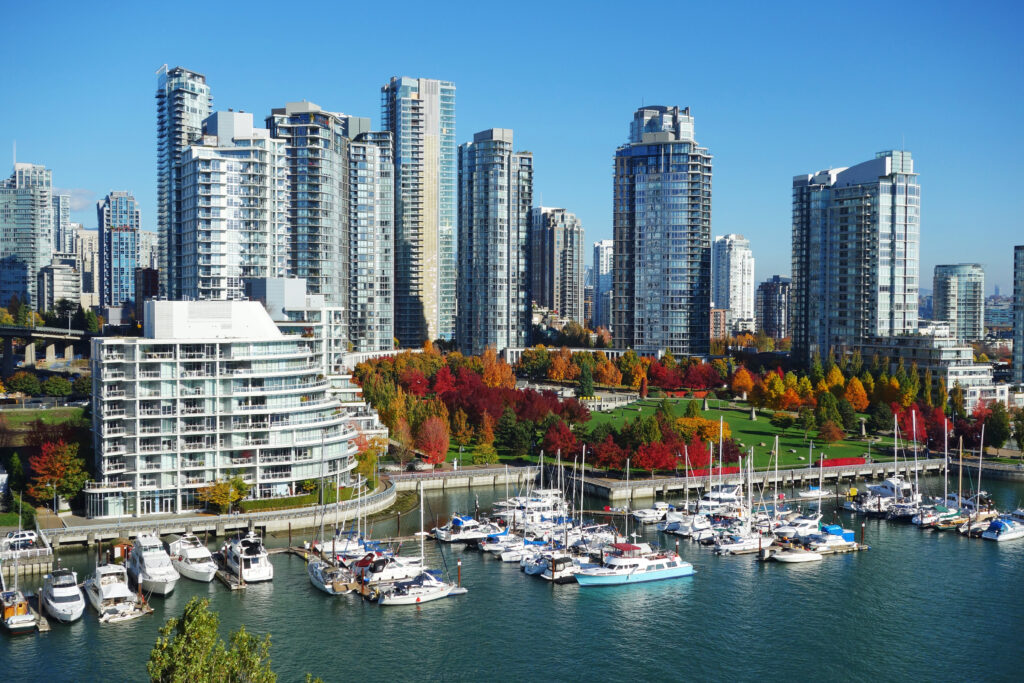 autumn landscape of false creek in vancouver downtown, bc, canada