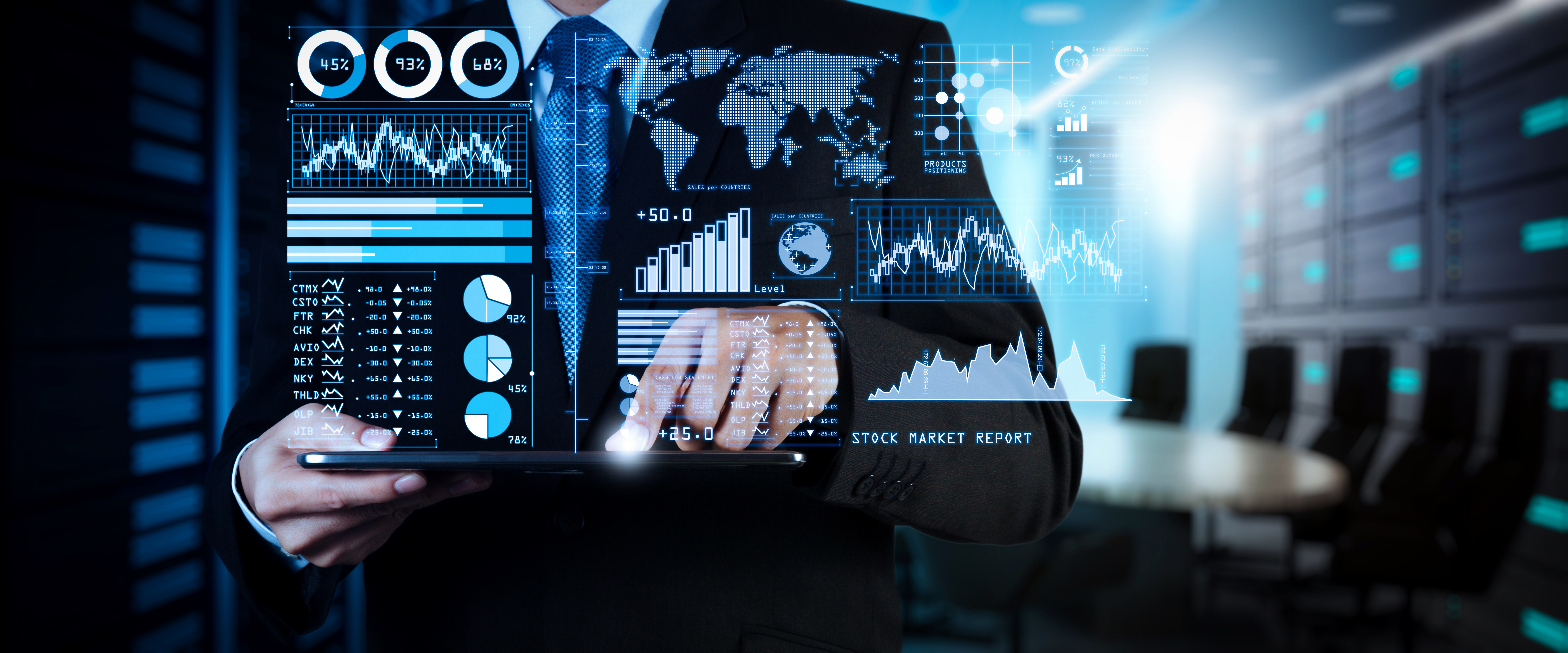 investor analyzing stock market report and financial dashboard with business intelligence (bi), with key performance indicators (kpi).businessman hand working with finances