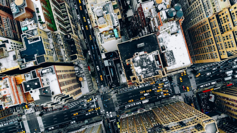 aerial view of new york downtown building roofs. bird's eye view