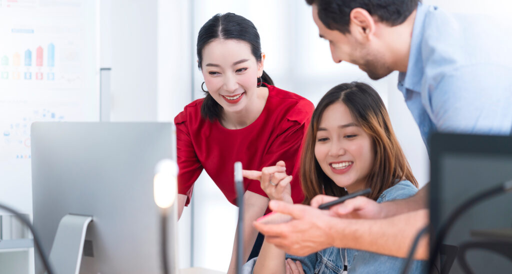 asian colleague male and female friend casual dress meeting cons