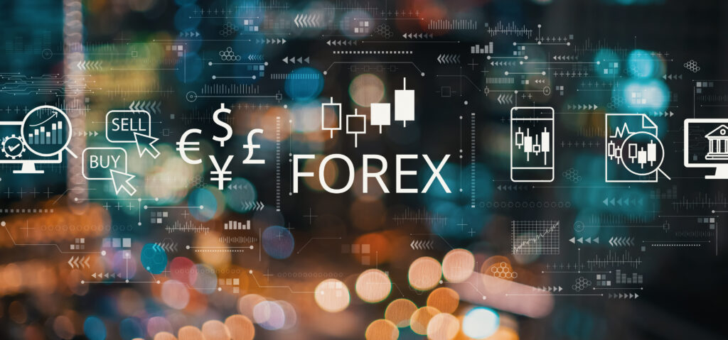 forex trading concept with blurred city lights