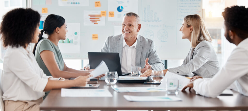 boss, meeting and business people listening to finance report update, company marketing, sales or financial strategy for growth, goal or mission. executive ceo manager communication on online project