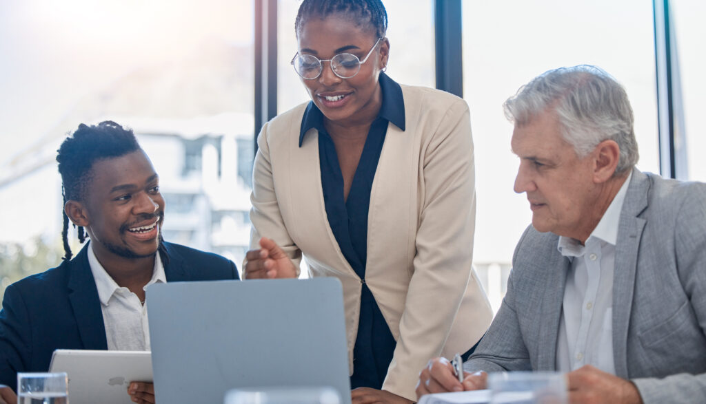 office laptop, diversity teamwork or business people review finance portfolio, stock market database or investment budget. project management, ecommerce or crypto trader trading bitcoin, nft or forex
