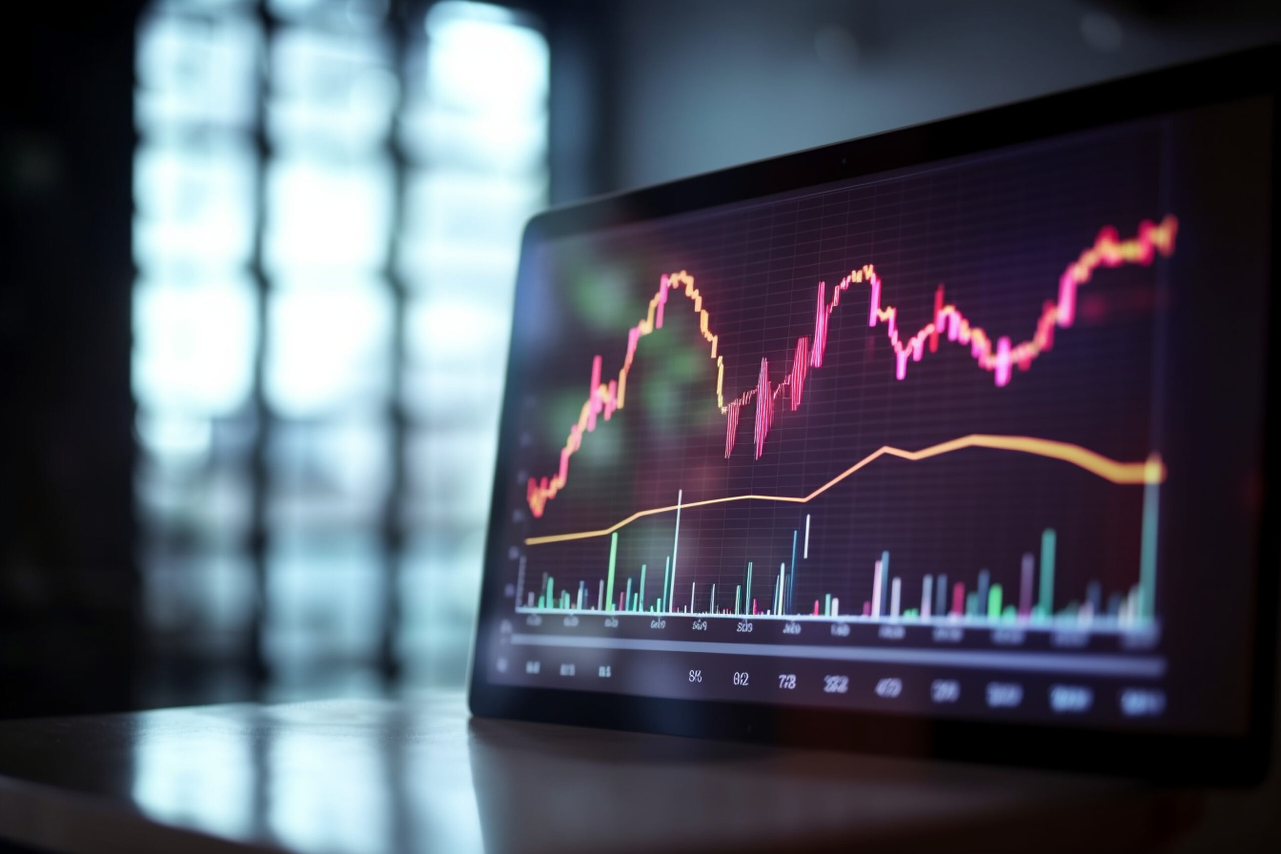 a close up of a financial chart on a computer screen with bokeh lights in the background, representing business analytics business concept, bokeh generative ai