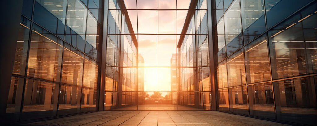panoramic skyline and buildings with many glass windows, generative ai
