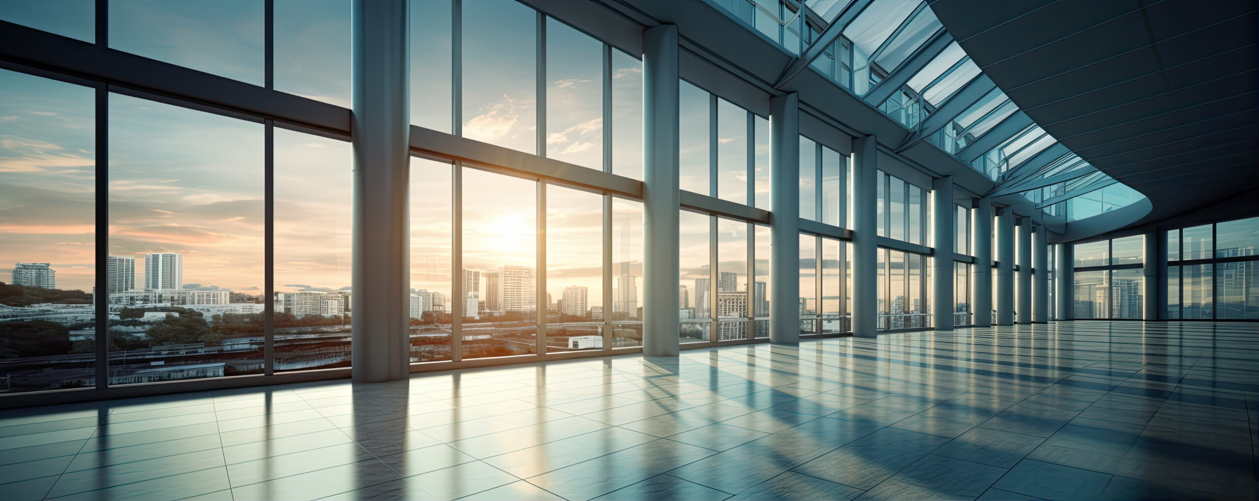 panoramic skyline and buildings with many glass windows, generative ai