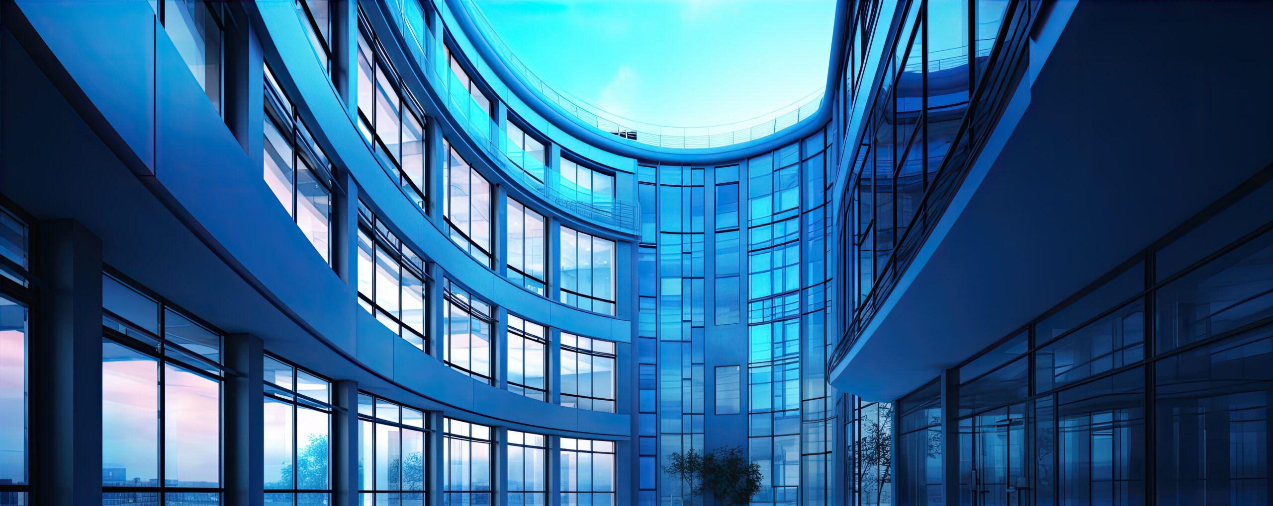 panoramic skyline and buildings with many glass windows, generative ai