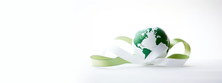 world mental health day web banner with green awareness ribbon in shape of earth globe. green and white ribbon earth globe at white background