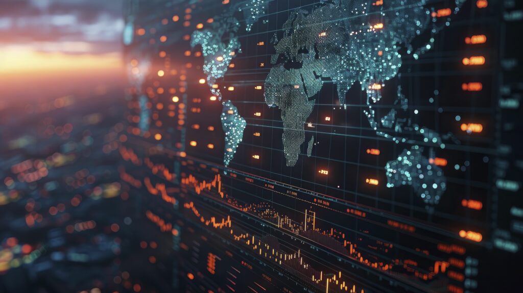 global stock market screens with world maps, showcasing financial globalization.