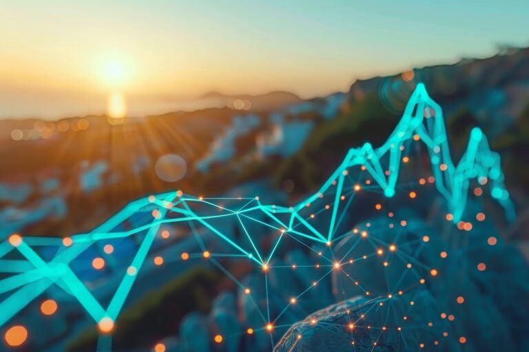 bull market surge vibrant blue graphs soaring upwards at sunrise in a promising financial rally