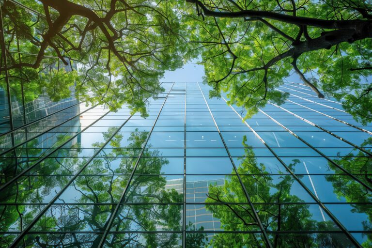 corporate glass building reflecting lush green trees symbolizing esg principles sustainable architecture urban ecofriendly design
