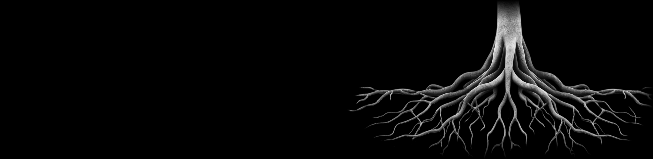 White root system spreading across a black background, with a thick central root and many branching tendrils.