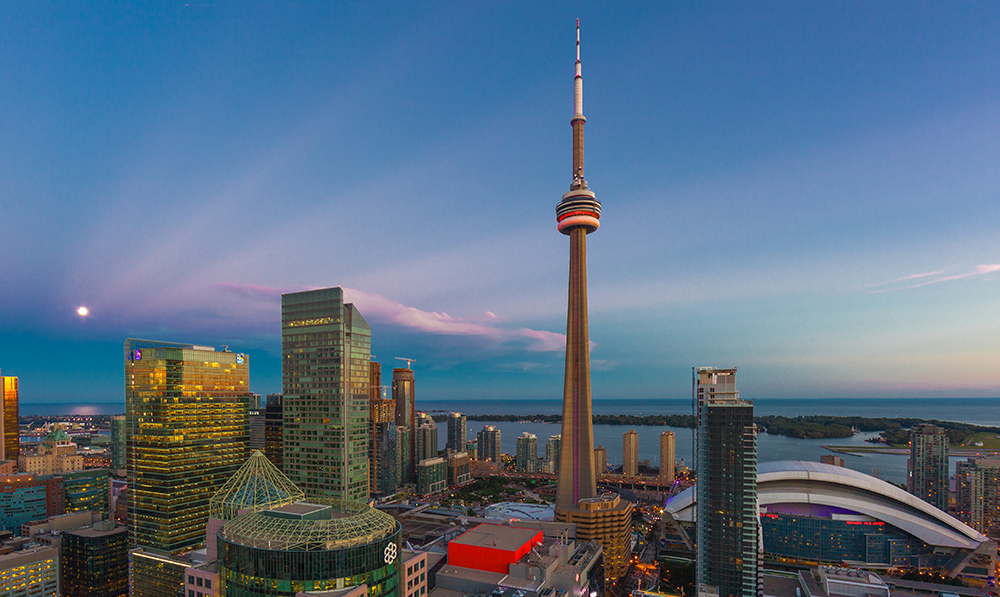cn tower, toronto cityscape on lake ontario