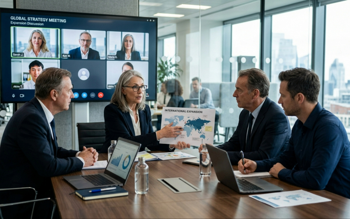Group of five professionals in a modern conference room, a woman points to a world map chart during a global strategy meeting with a video call on screen in the background.