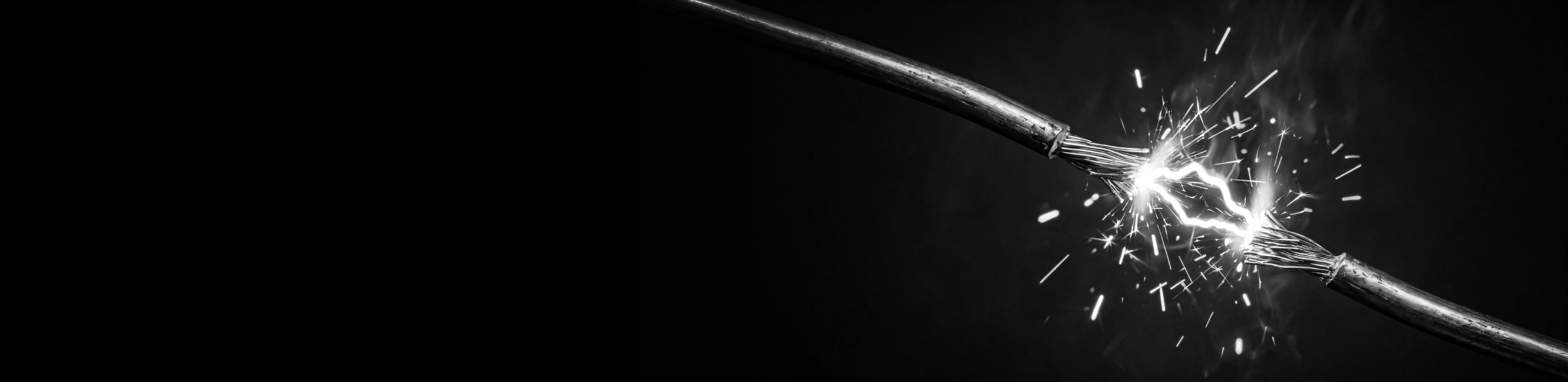 Two electrical cables sparking and arcing against a dark background, with bright sparks where they meet.