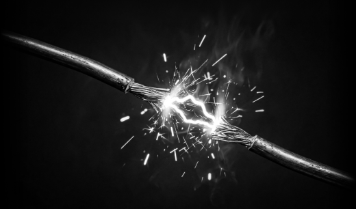 Two electrical cables connecting with a bright spark representing scalable client connectivity and partnership